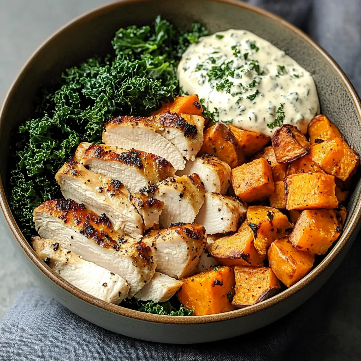 Roasted Chicken, Sweet Potato, and Kale Bowls