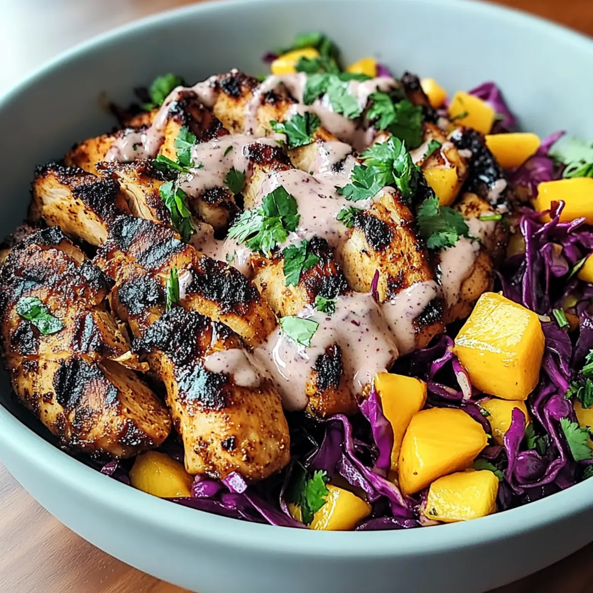 Jerk Chicken & Mango Slaw Bowls with Honey Lime Cream