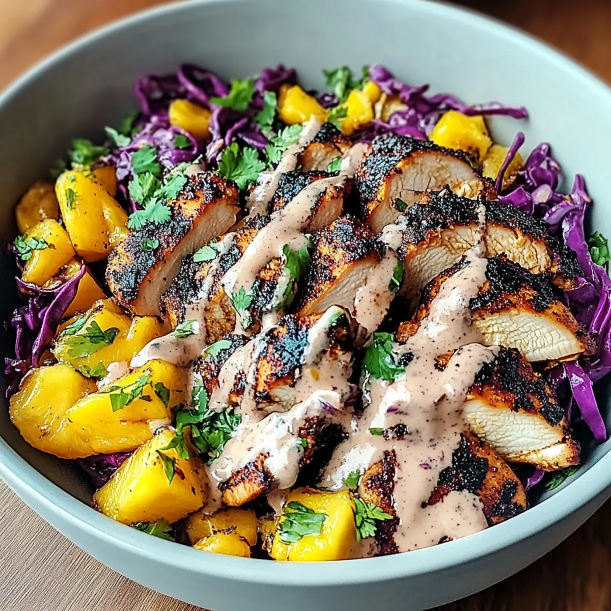 Jerk Chicken & Mango Slaw Bowls with Honey Lime Cream