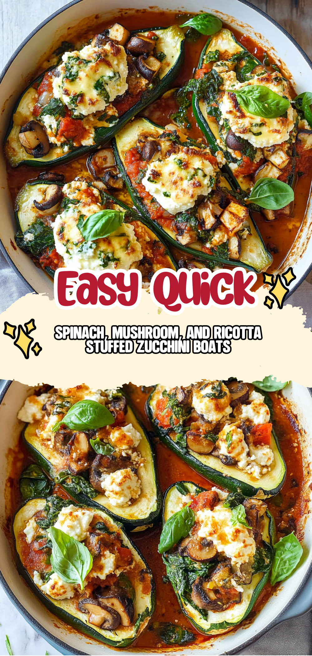 Spinach, Mushroom, and Ricotta Stuffed Zucchini Boats